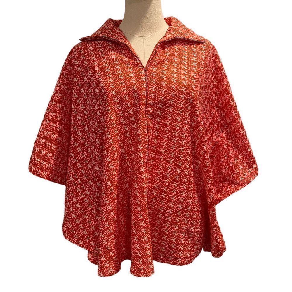 Vintage 70's Geometric Floral Cape Poncho Quarter Zip Red White One Size Women